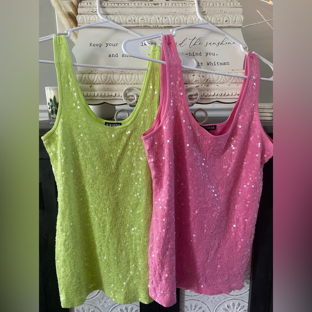 Express Brand Women’s Sequence Green and Pink Tank Tops Size Medium $20